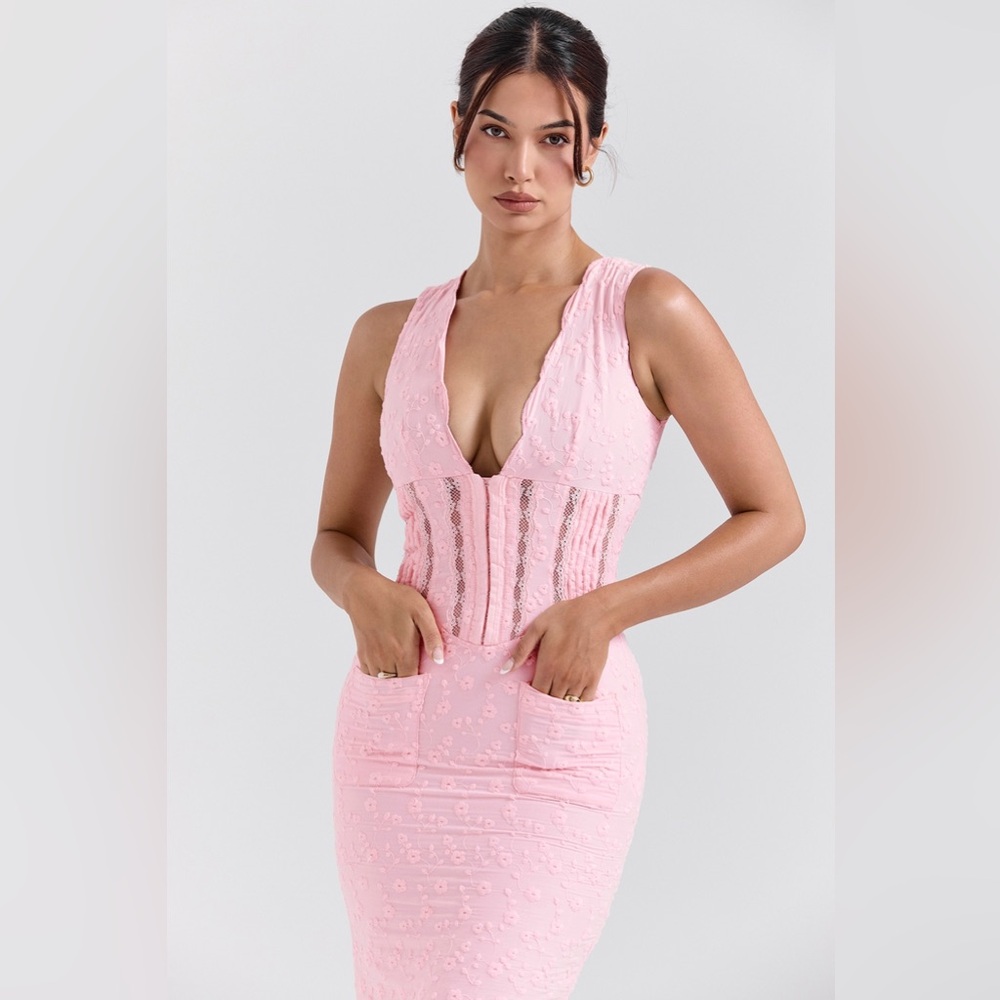 House of CB Sophina Pink Broderie Plunge V Neck Corset Maxi Dress (Size Medium) - Picture 4 of 5